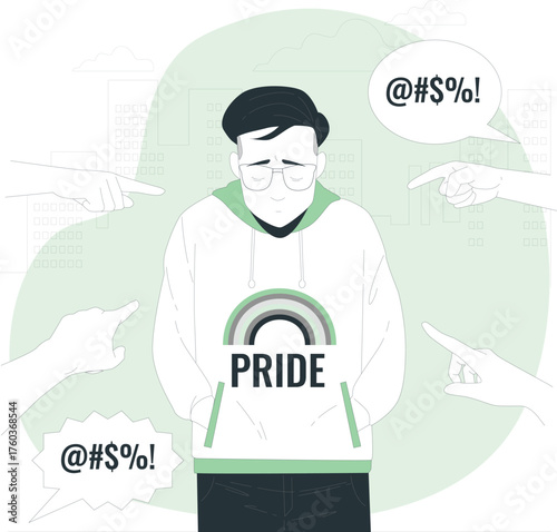 Sad person in a hoodie with a rainbow pride symbol being pointed at and verbally attacked Keywords: bullying, discrimination, LGBTQ+, pride, rainbow, sad, unhappy, shame, fear, isolation