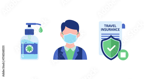 Travel Safety Essentials: Hand Sanitizer Masked Person and Travel Insurance Document.