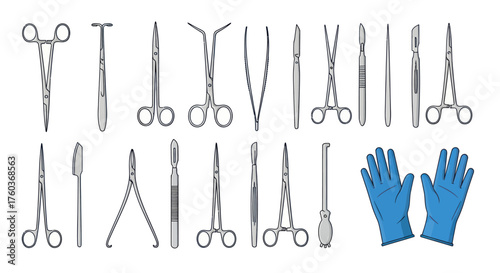 Illustrated collection of medical surgery equipment with forceps scalpels scissors and blue latex gloves.