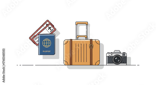 Travel Essentials: Suitcase Passport Ticket and Camera for Adventure.
