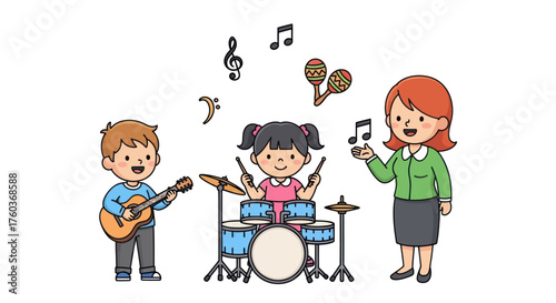 Childrens Music Class with Teacher and Instruments.