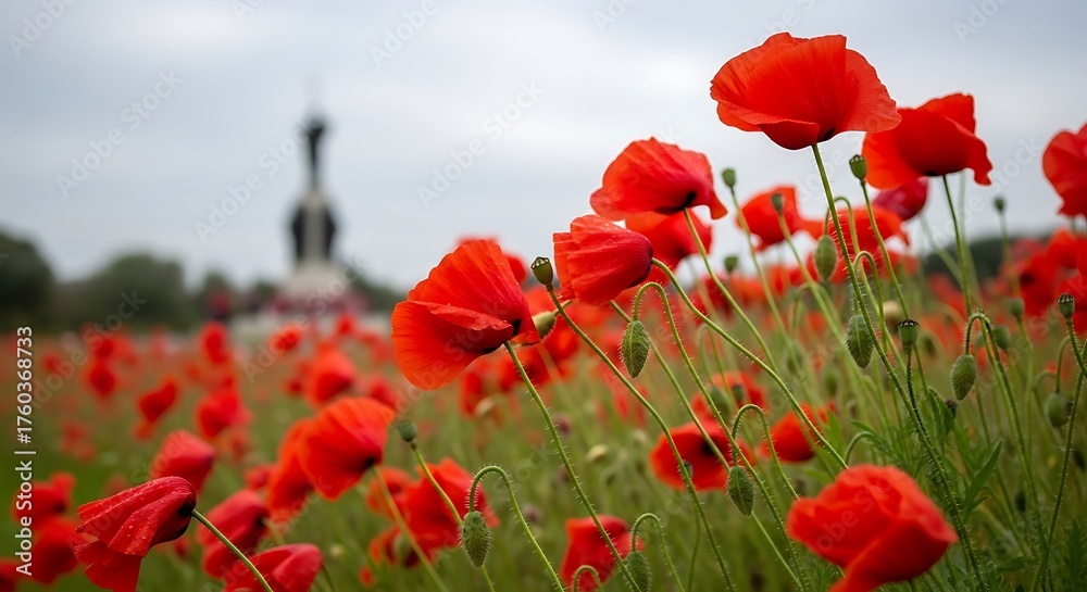 Obraz premium Vibrant red poppies bloom in a field under an overcast sky with soft focus