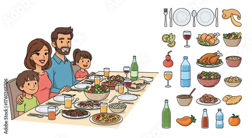 Family enjoying a meal together at a table laden with food and drinks.