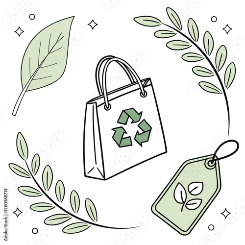 Illustration showing a reusable bag with recycle symbol surrounded by leaves and a tag on a white background