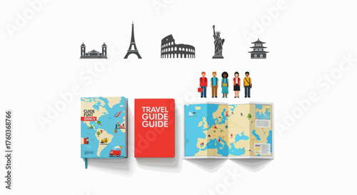 Global Travel and Tourism Concept with World Map Famous Landmarks and Diverse People.