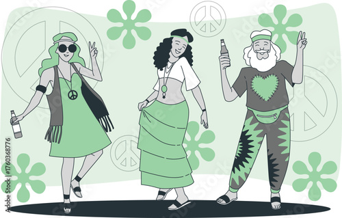 Three people in 1960s hippie attire dancing and holding drinks with peace signs and flowers in the background Keywords: hippie, 1960s, retro, vintage, peace sign, flower power, dancing