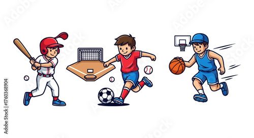 Energetic cartoon boys playing baseball soccer and basketball sports.