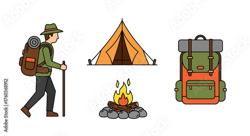Adventurous hiker with backpack tent and campfire icons for outdoor exploration.