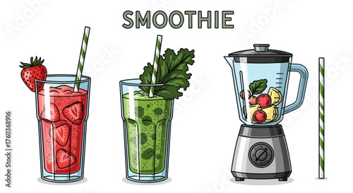 Vibrant Fruit and Green Smoothies with Blender and Straws Illustration.