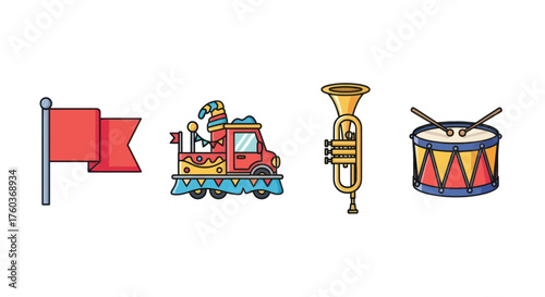 Collection of festive parade icons: red flag decorated truck tuba and drum.