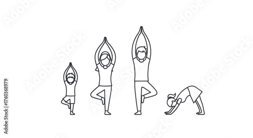 Line art illustration of a family practicing yoga poses.