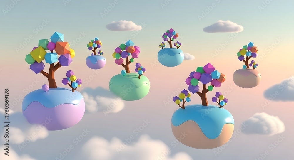 Naklejka premium A surreal 3D rendered landscape featuring floating pastel islands with magical trees bearing colorful geometric crystal leaves in a dreamy sky
