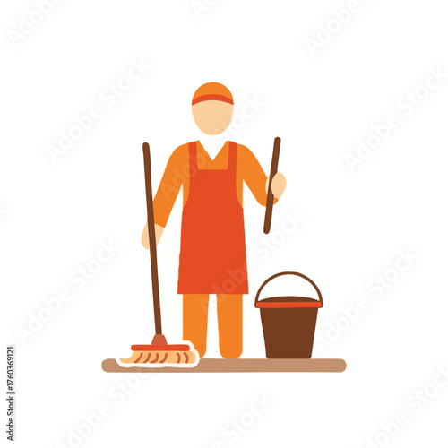 A professional cleaner in an orange uniform with a mop and bucket, ready for janitorial duties, representing service and hygiene.