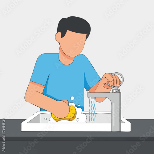 An anonymous individual performs daily household duties, meticulously scrubbing plates in a modern kitchen sink with soap and flowing water.