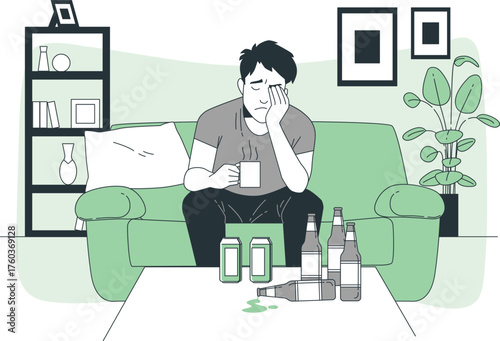 Depressed Man Sitting on Sofa Surrounded by Beer Cans and Bottles vector illustration