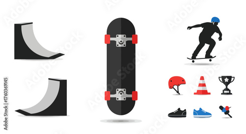 Flat Design Skateboarding Equipment Collection with Ramps Board Helmet and Skater Silhouette.