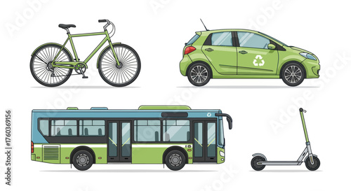 Diverse eco-friendly transportation options including bicycle electric car bus and scooter.