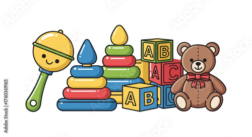 Collection of colorful baby toys including a teddy bear stacking rings and alphabet blocks.