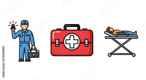 Medical Emergency Response Icons: Paramedic First Aid Kit and Stretcher.