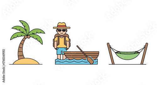 Cartoon Traveler with Boat Paddle and Backpack Ready for Adventure.