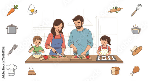 Happy Family Cooking Together in a Bright Kitchen Environment.
