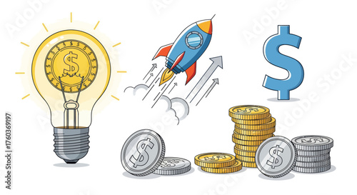 Financial Growth Concept: Lightbulb with Dollar Coin Rocket Launch and Stacks of Coins.