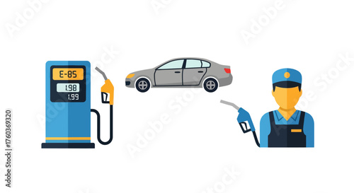Illustration of a Gray Sedan Car and Fuel Pump.