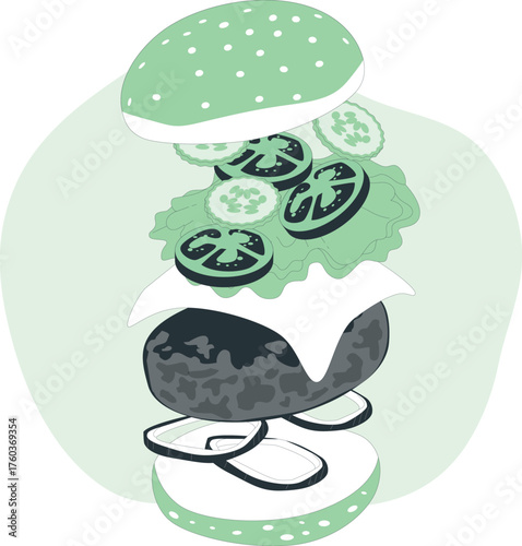 Exploded View of a Burger with Ingredients vector illustration