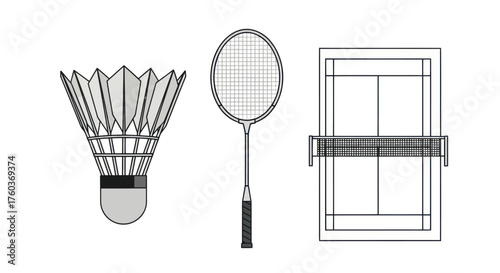 Badminton Equipment: Shuttlecock Racket and Court Outline.