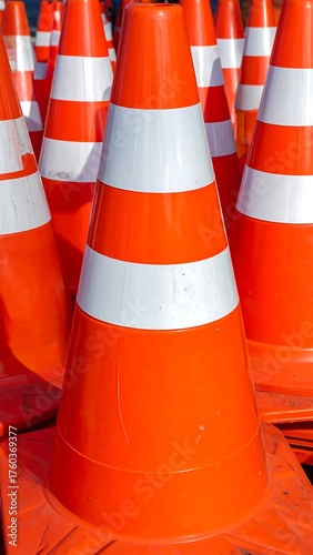 Several bright orange and white reflective cones create a close-up composition
