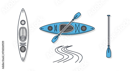 A set of top-down view illustrations of a blue kayak paddle and water waves for recreation.