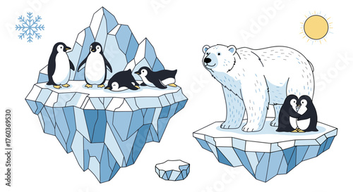 Cartoon Penguins and Polar Bear on Icebergs in Arctic Scene.