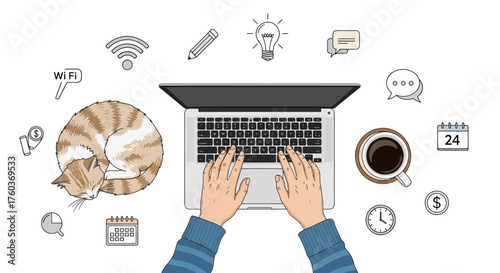 Top-down view of hands typing on a laptop with surrounding work-related icons.