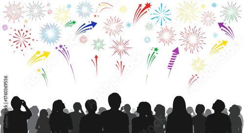 Diverse Fireworks Display Illuminating the Night Sky Above a Silhouetted Crowd.