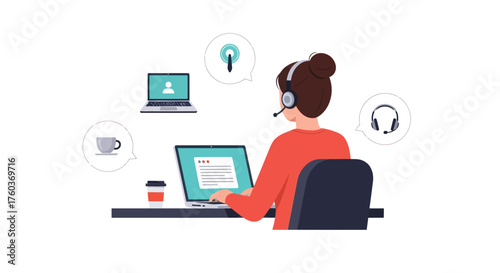 Female remote worker with headset at a desk providing online customer service on a laptop.