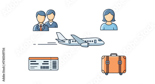 Airplane with Passengers Ticket and Suitcase: Travel and Transportation Icon Set.