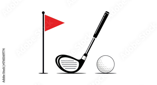 Golf club ball and red flag on white background.