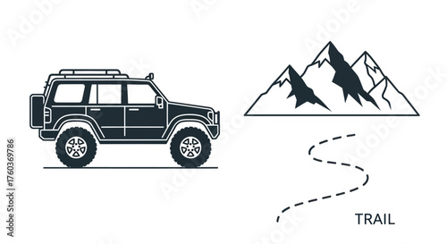 Off-Road SUV Adventure with Mountains and Winding Trail Illustration.