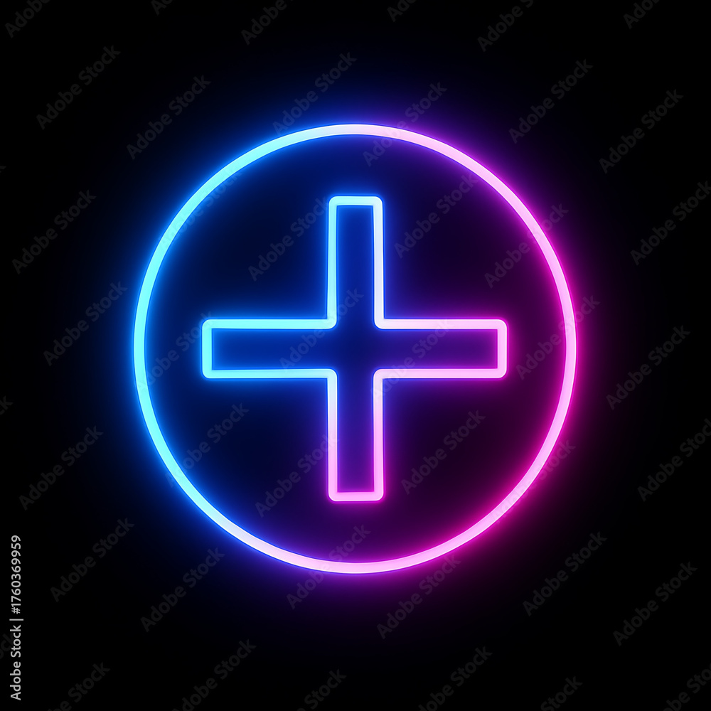 Obraz premium Minimal futuristic glowing neon plus sign on dark background. 
