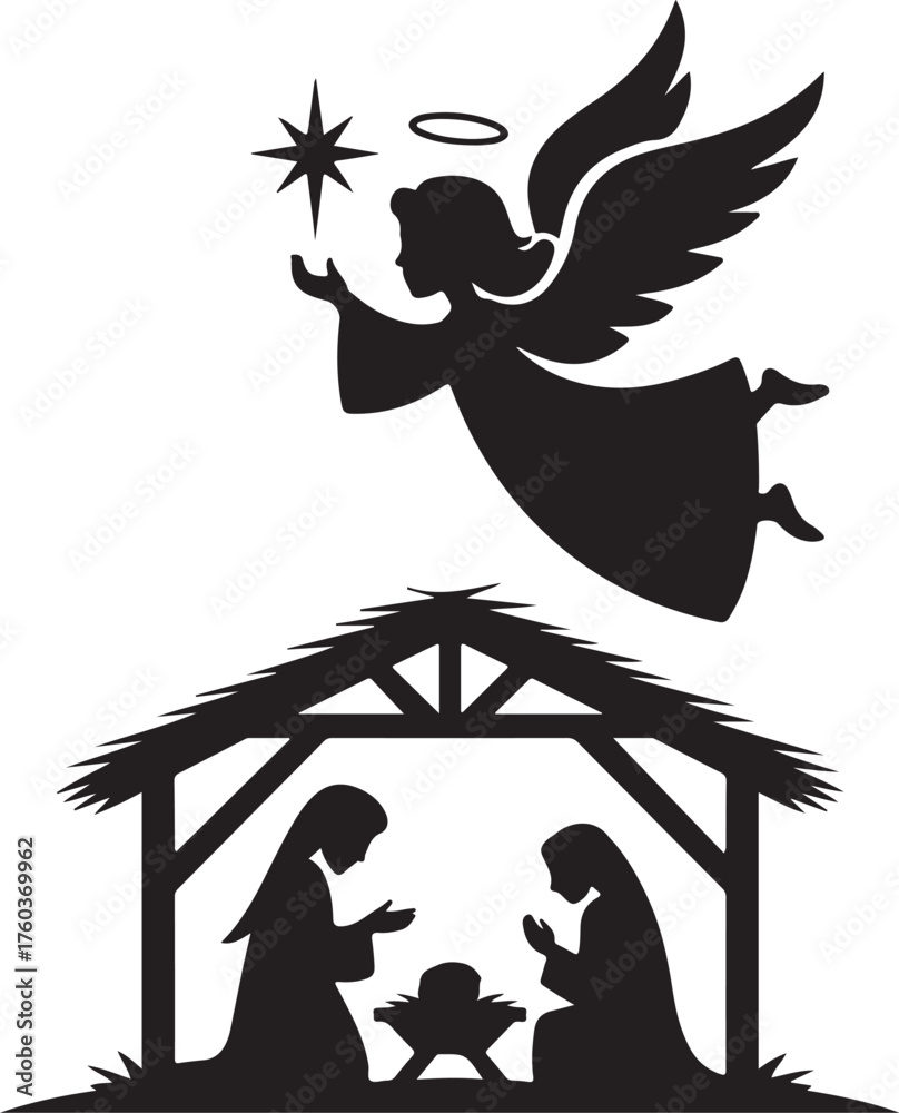 Obraz premium Angel guides star over Nativity scene silhouette