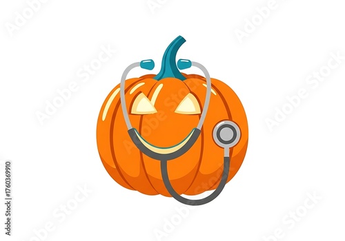 Spooky Halloween Pumpkin with Stethoscope and Smiling Face Medical Icon