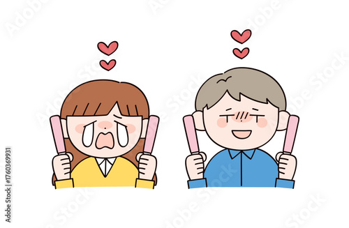 ペンライトを持って推し活をする男女2人のイラスト