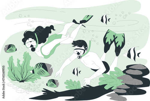 Couple snorkeling underwater with colorful fish and coral reefs woman diving