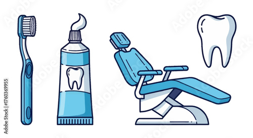 Dental Hygiene and Treatment: Toothbrush Toothpaste Dental Chair and Tooth.