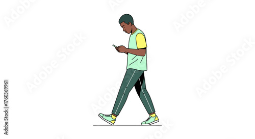 A young Black man in casual athletic wear walks while looking down at his smartphone.