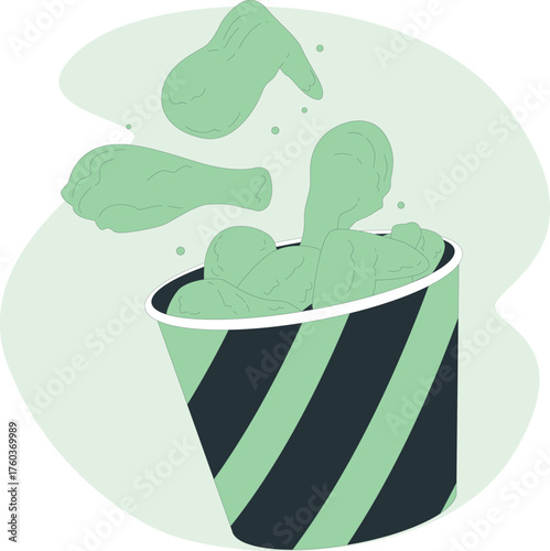 Fried chicken pieces flying out of a striped bucket food fast food