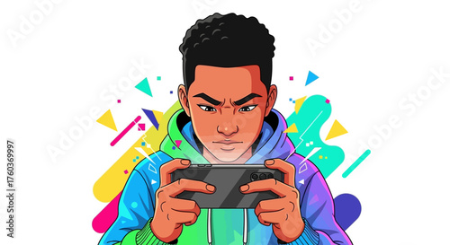 Young man with dark skin and curly hair intensely playing a video game on a handheld device, wearing a vibrant gradient hoodie, against a colorful abstract background.