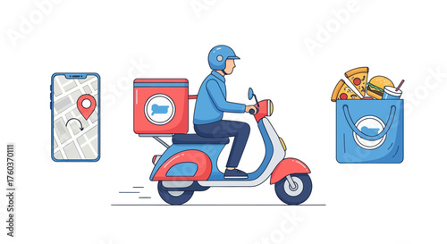 Delivery Rider on Scooter with Food and Navigation App.