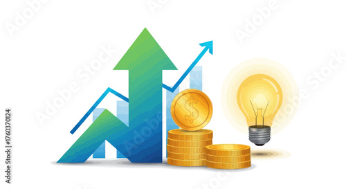 Upward trending arrow graph with stacked gold coins and a bright idea lightbulb representing financial success.