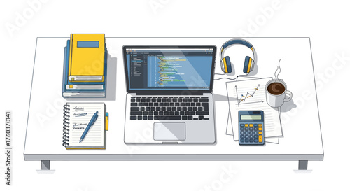 A tidy desk setup with a laptop books headphones and coffee.